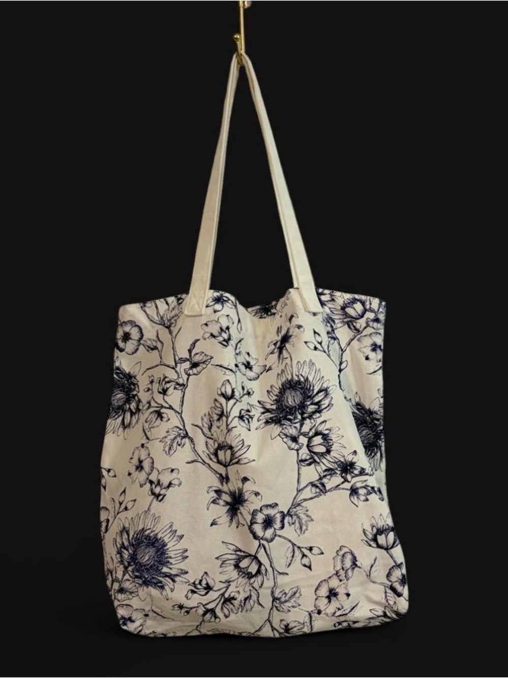 Floral Canvas Tote Bag in Cream and Navy